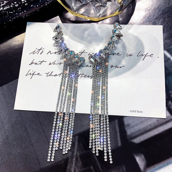 Long Tassel Rhinestone Drop Earrings - Picture 9 of 15